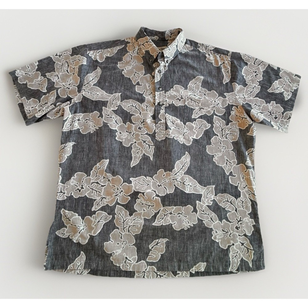 Cooke Street Hawaiian Aloha Shirt Black Tan Reverse Floral 1/2 Button Cotton Lg